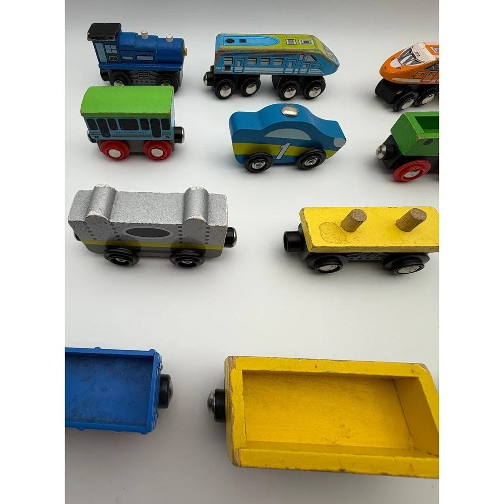 Mixed Wooden Magnetic Train Cars Lot 13pc Engines Freight Passenger Vehicles